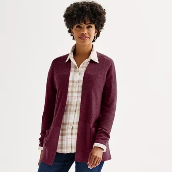 Croft & Barrow Classic Ribbed Open-Front Cardigan Merlot Heather, Large (EUC) - Picture 1 of 10